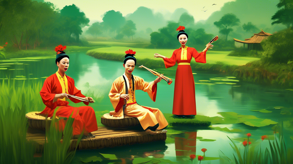 An idyllic scene of a Quan Ho performance in the lush green landscapes of Bac Ninh, Vietnam, showcasing the traditional costumes, instruments, and harmonio