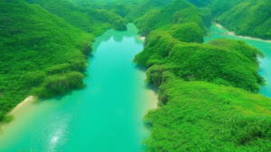 A stunning photo of the tranquil waters of Biển Xanh, showcasing its shimmering turquoise hues, gentle waves, and the vibrant green vegetation surrounding