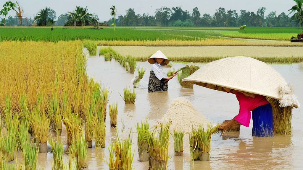 A bountiful harvest of white rice in the fertile Mekong Delta region of Cần Thơ, Vietnam, reflecting the warm hospitality and welcoming spirit of the local