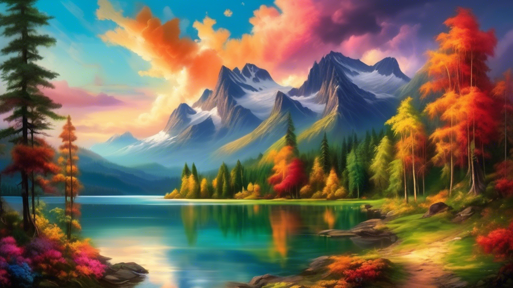 A scenic and romantic landscape with vivid colors, featuring a picturesque lake, lush forests, and towering mountains under a dramatic sky.