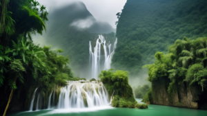 A majestic waterfall in the Cao Bang Geopark, Vietnam, with lush green surroundings and mist rising from the crashing water.