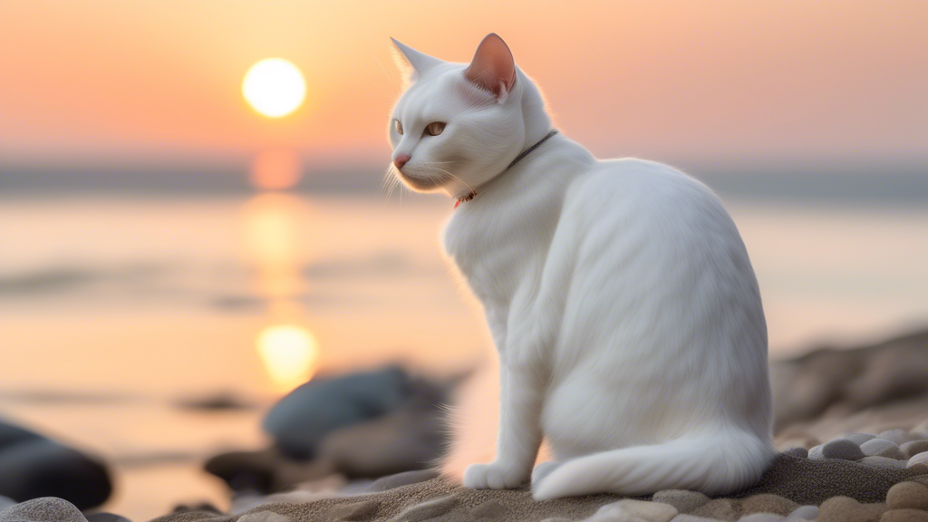 A beautiful white cat looking at the sunset in front of a pebble beach.