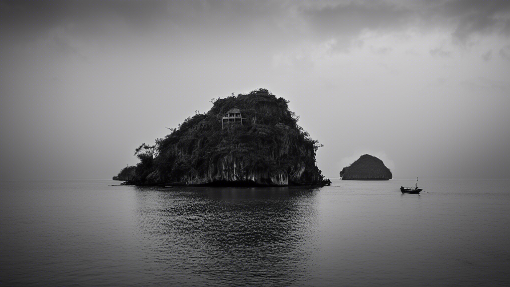 A beautiful and haunting image of Côn Đảo, a remote archipelago in southern Vietnam. The image should capture the island's natural beauty, as well as its d