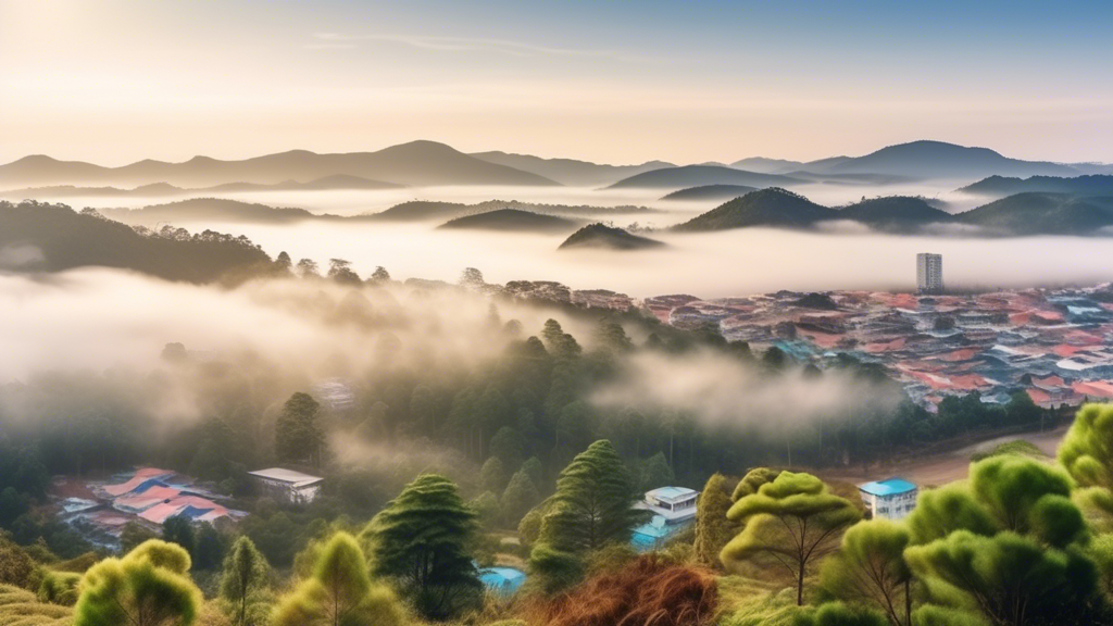 Serene panoramic view of Dalat city, a foggy morning with pine trees and low-rise buildings, a cool climate