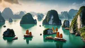 A panoramic view of the hidden beauty of Ha Long Bay and Bai Tu Long Bay, showcasing their captivating seascapes, towering limestone karsts, and diverse ma