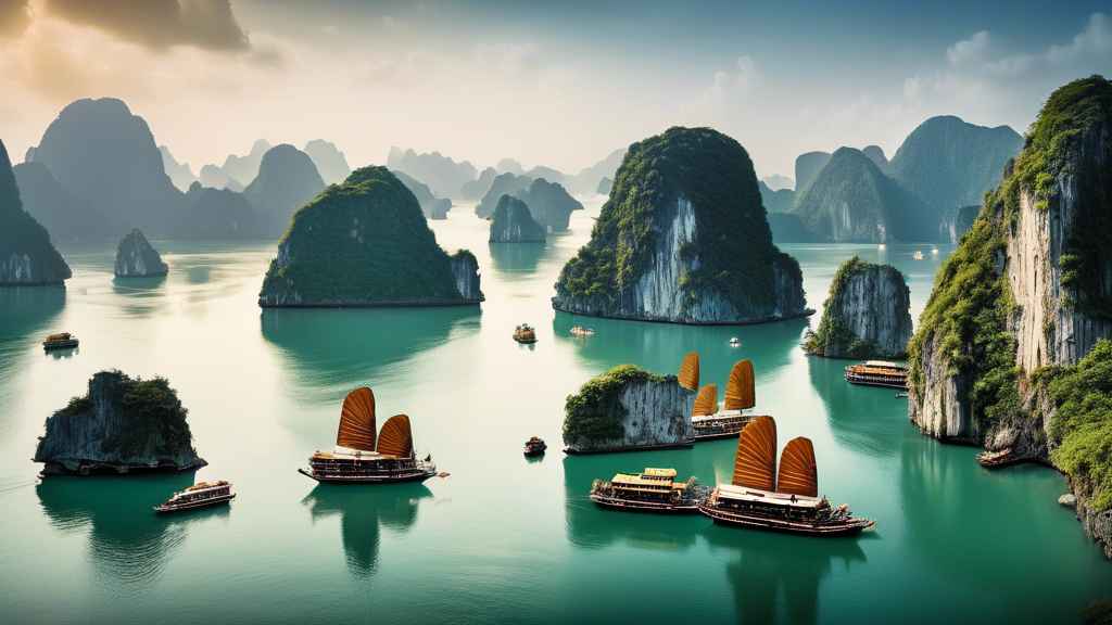 A panoramic view of the hidden beauty of Ha Long Bay and Bai Tu Long Bay, showcasing their captivating seascapes, towering limestone karsts, and diverse ma