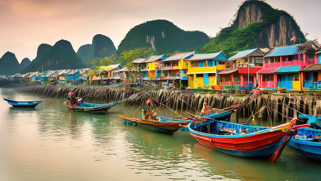 A coastal fishing village in Vietnam with traditional fishing boats and colorful houses, showcasing the beauty of Vietnamese cultural heritage.