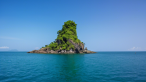 A desolate and beautiful small island of Lý Sơn rises out of the sea during a calm day with clear blue skies and sparkling azure waters.