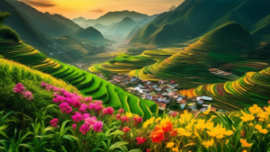 Create a vibrant and panoramic DALL-E image of a scenic valley in Mộc Châu, Vietnam. Capture the vast expanse of blooming flowers in a myriad of colors, st