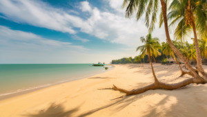 Vibrant beach scene of Mũi Né - Phan Thiết with golden sunlight illuminating the sand and turquoise waters, palm trees swaying in the warm breeze.