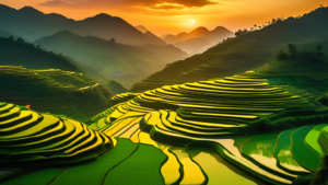 A surreal landscape of terraced rice paddies in Sơn La, Vietnam, with lush green hills and a vibrant sunset in the distance, resembling a painting.